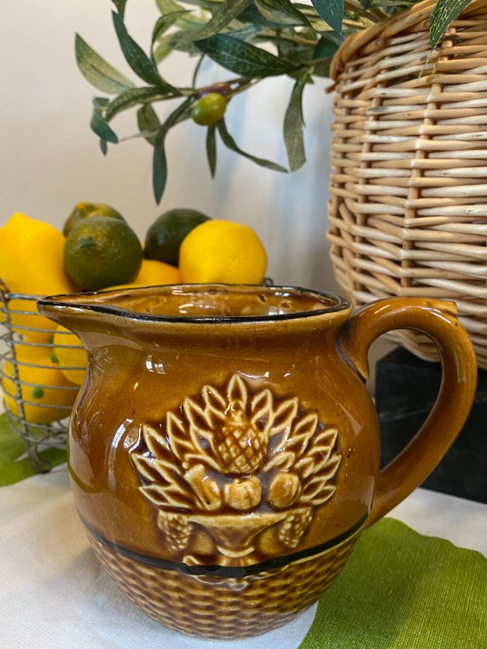 Vintage Glazed Majolica Stoneware Small Pitcher Creamer Basketweave Fruit Urn